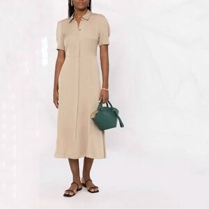 THEORY 100% Silk Champagne Beige Puff Sleeve Shirt Dress Midi Maxi (size 6)